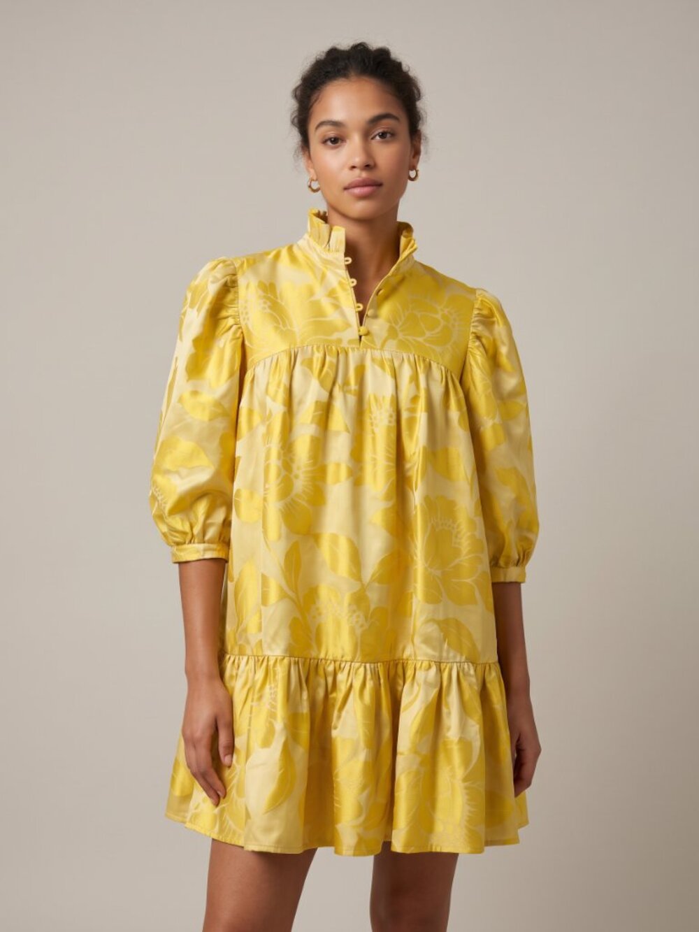 AVAVAV Firenze Yellow Silk Floral Jacquard Ruffle Mini Dress – Size M/L